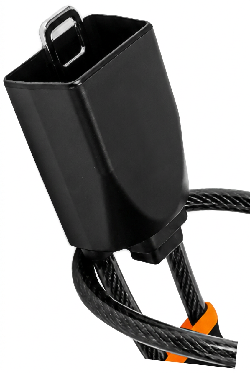 Close-up of the Defender keyed lock and steel cable
