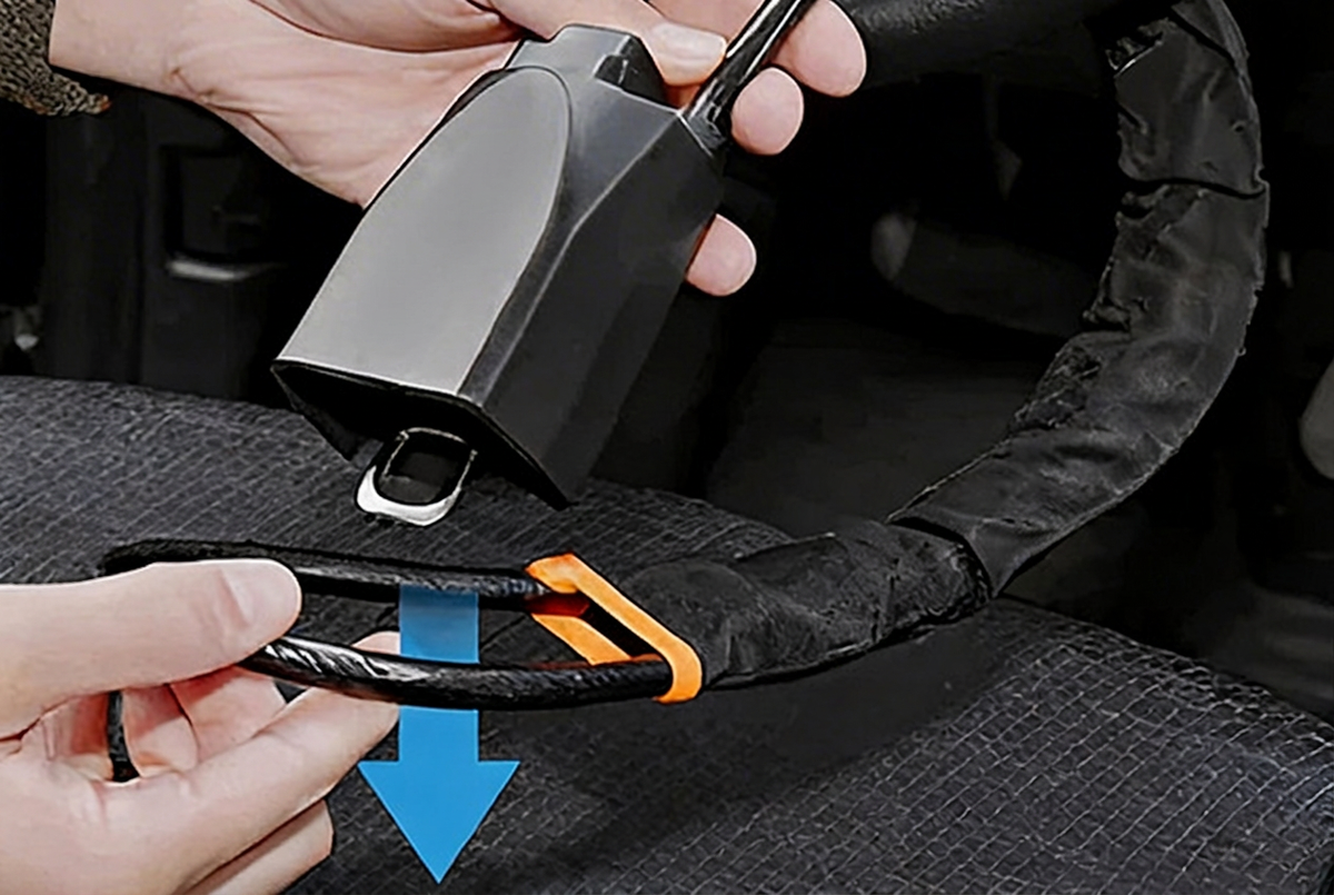 Defender cable looping through the steering wheel